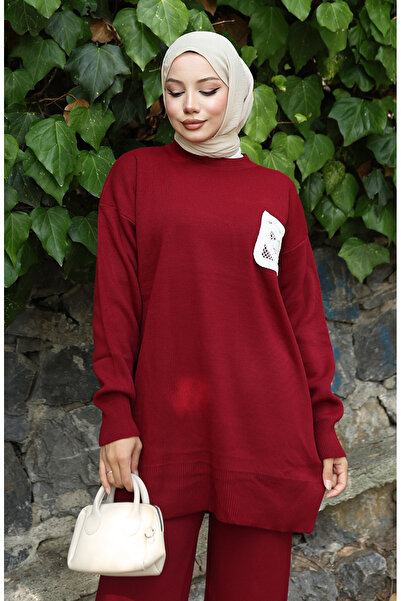 sefamerve Knitted tunic and pants two-piece set 1029-06 burgundy