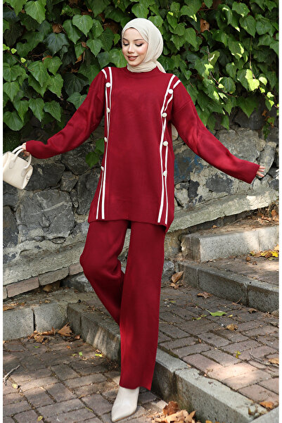 sefamerve Knitwear Buttoned Tunic Trousers Double Set 1128-05 Claret Red