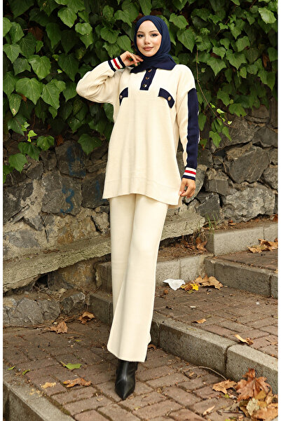 sefamerve Knitwear Polo Neck Tunic Trousers Double Suit 1048-02 Beige