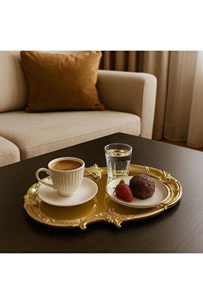 GLORİNDA HOME LÜKS 1'Lİ GOLD RENK İŞLEMELİ ARTNOVA MODEL KAHVE,ÇAY,PASTA VE Ç...