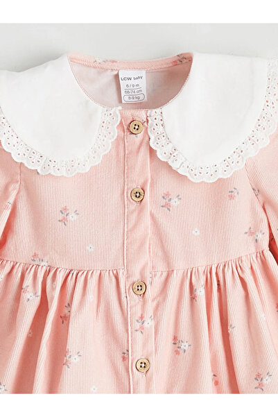 LC Waikiki LCW baby Pembe Bebe Yaka Çiçekli Kadife Kız Bebek Elbise
