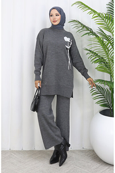 sefamerve Knitwear Floral Detailed Tunic Trousers Double Set 1037-08 Gray