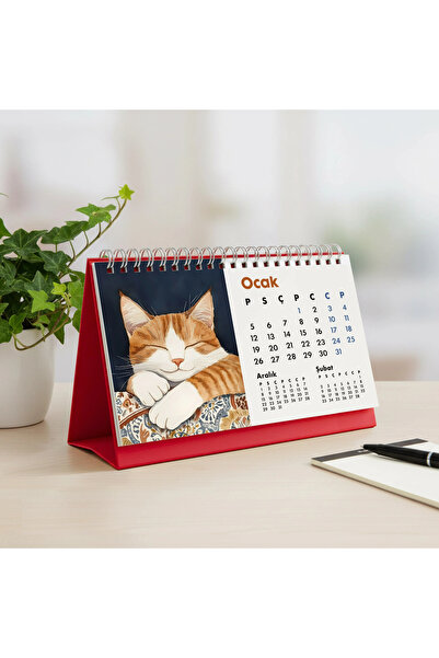 bi'aldım 2026 Kedili Masa Takvimi | Üç Aylık Takvim - Önceki Ay Sonraki Ay | Kedi Severlere Hediye