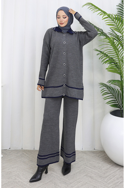 sefamerve Knitwear Polo Neck Buttoned Tunic Trousers Double Suit 1108-05 Gray