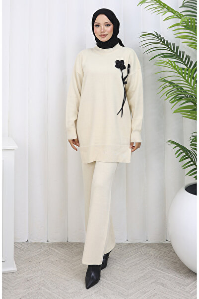 sefamerve Knitwear Floral Detailed Tunic Trousers Double Set 1037-07 Beige