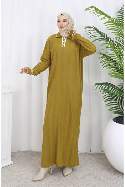 sefamerve Knitted polo neck buttoned dress 1135-01 olive green