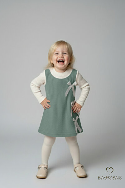 BABYDEN'S Girl's Corded Fabric Dress 100% Cotton, Long Sleeve, Bow, Soft Texture, Stylish Casual, Special Occasion Dress