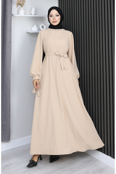 sefamerve Cuffed Lace Hijab Dress 7121-09 Beige