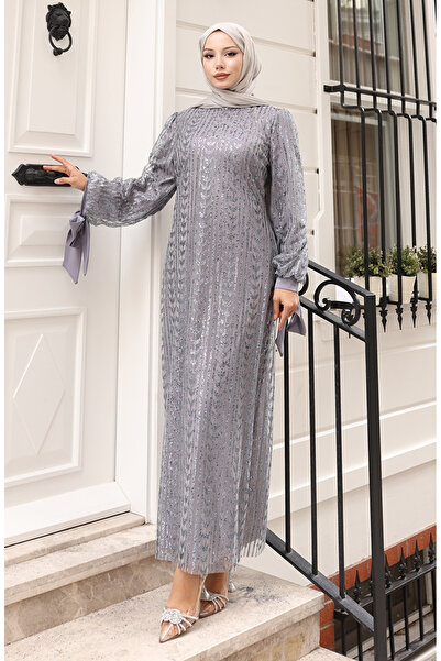 sefamerve Leaf Patterned Glitter Coated Evening Dress 5612-02 Gray
