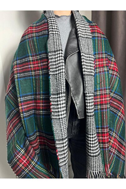 Sobe Hediyelik Green Wool Shawl – Double-Sided Plaid Pattern Thick Winter Shawl