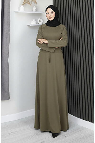 sefamerve Premium Fabric Belted Hijab Dress 2162-01 Khaki