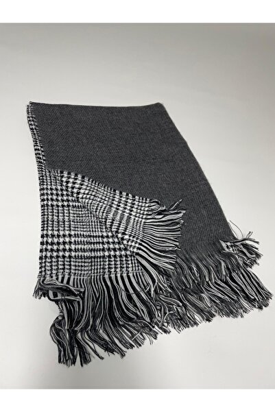 Sobe Hediyelik Gray Wool Shawl – Double-Sided Plaid Pattern Thick Winter Shawl
