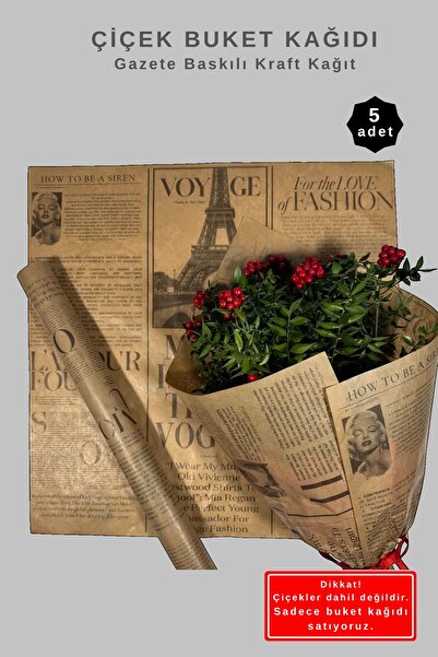 COLORPAK Gazete Baskılı Çiçek Sarma Kağıdı / Kraft Gazete Buket Ambalajı 55x55cm 5 adet
