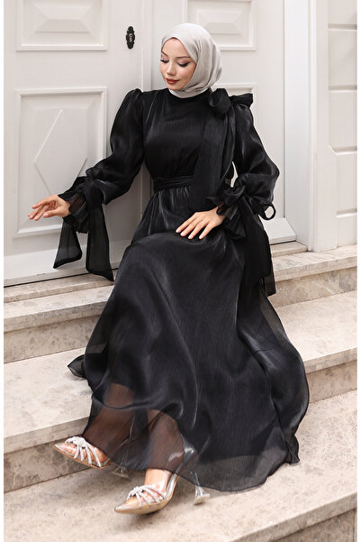 sefamerve Organza Tulle Gathered Waist Belted Evening Dress 5611-08 Black