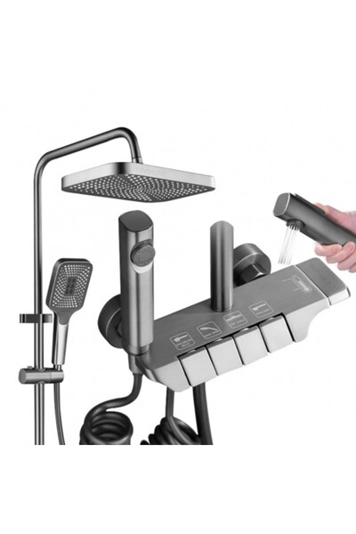 UNİBOX Set Coloana Dus Premium, Alama Cupru, 4 Functii, Butoane Piano, Gri Gr...