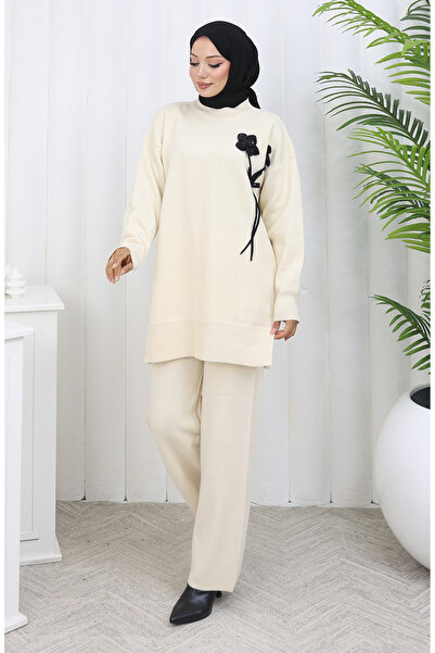 sefamerve Knitwear Floral Detailed Tunic Trousers Double Set 1037-07 Beige