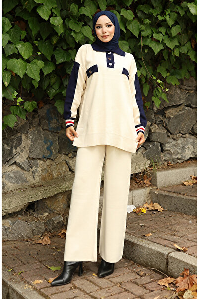 sefamerve Knitwear Polo Neck Tunic Trousers Double Suit 1048-02 Beige