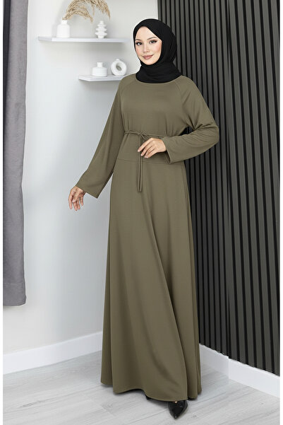 sefamerve Premium Fabric Belted Hijab Dress 2162-01 Khaki