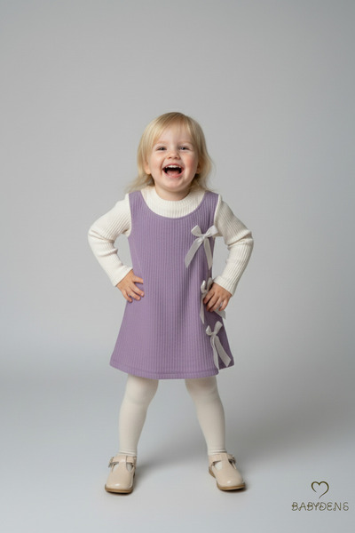 BABYDEN'S Girl's Corded Fabric Dress 100% Cotton, Long Sleeve, Bow, Soft Texture, Stylish Casual, Special Occasion Dress