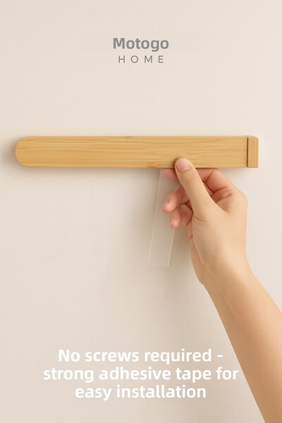 Mottogo Bamboo Adhesive Towel Holder – 38.5 cm X 4 cm X 5 cm |   No Screws Required Easy Assembly