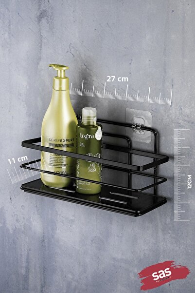 Sas Haus 2-Piece Black Adhesive Adjustable Bathroom Shelf, Rustproof Crystal Shampoo Holder (Adhesive/Screw-On)