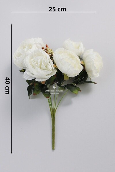Yapay Çiçek Deposu Artificial Flower 9-Piece Garnished Peony Rose Bouquet 40 cm White
