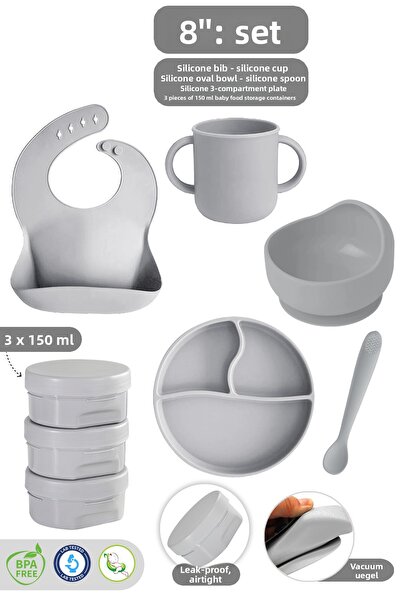 Meleni Baby 8-Piece Silicone Feeding Set - Baby Bib Vacuum Plate Oval Bowl Cu...