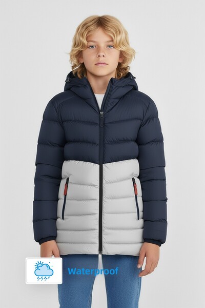 QAWWA Αθλητικό παλτό για αγόρια με κουκούλα - Navy Blue-Grey, αντιανεμικό και...