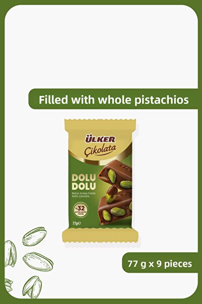Ülker شوكولاتة كاملة الحليب مع الفستق بنسبة 32% - 77 غرام - 9 قطع