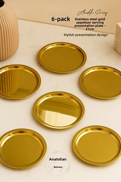 Anadolu Saray 6 Pcs Stainless Steel 21cm Gold Appetizer Serving and Presentation Plate Stylish Presentation Design