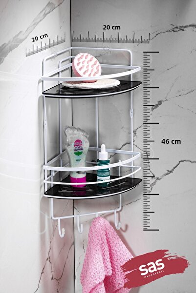 Sas Haus Γωνιακό ράφι μπάνιου με αυτοκόλλητο γάντζο 2 επιπέδων – Ρυθμιζόμενο ράφι κρυστάλλου (κόλληση/βίδα) Λευκό-Μαύρο