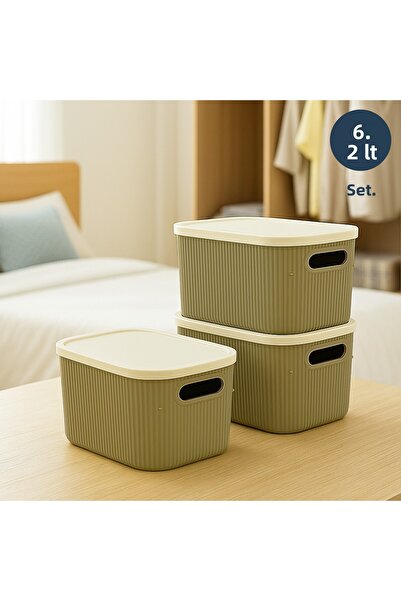 HOMİNG 3 Pieces Soft Green Ecru Multi-Purpose Organizer Box with Lid 6.2Lt