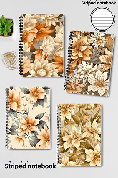 qoeuyl boutique مجموعة دفاتر ملاحظات مدرسية مكونة من 4 قطع، تصميم زهور بيج رقم 2، مخططة بحجم A5 مع حلقات سلكية
