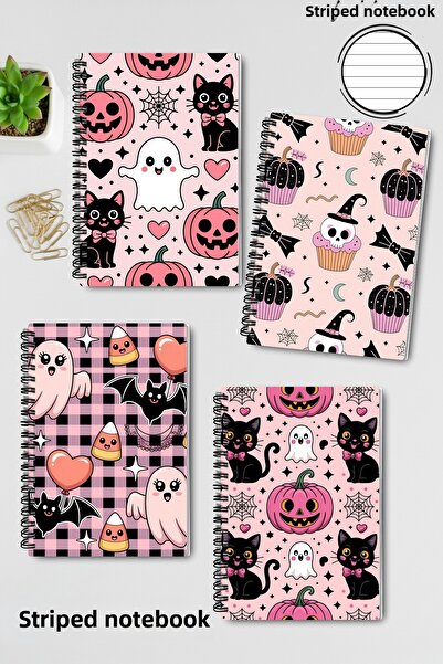 qoeuyl boutique مجموعة دفاتر مدرسية مكونة من 4 قطع بتصميم لطيف على شكل سلك حلزوني بتصميم الهالوين باللون الوردي، مقاس A5