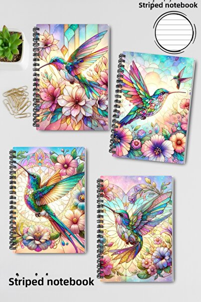 qoeuyl boutique Cute Little Bird Stained Glass Look Design Wire Spiral A5 Lined 4-Piece Souvenir, School Notebook Set