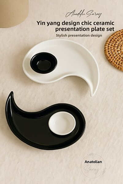 Anadolu Saray Yin Yang Design Stylish Ceramic Presentation Plate Set – Black and White Modern Tableware Decor