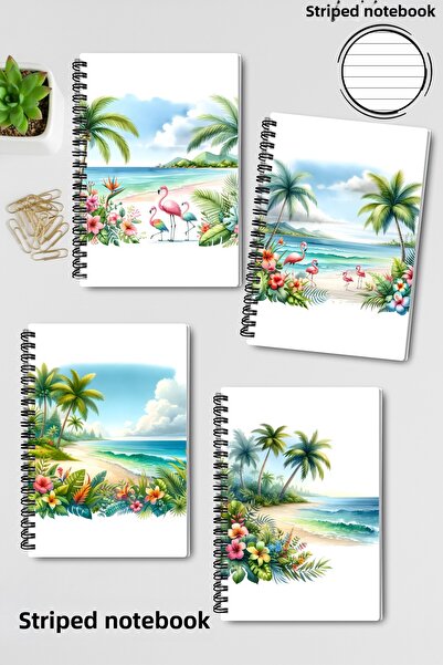 qoeuyl boutique Tropical Coast Design Wire Spiral A5 Lined 4-Piece Souvenir, Memory, School Notebook Set