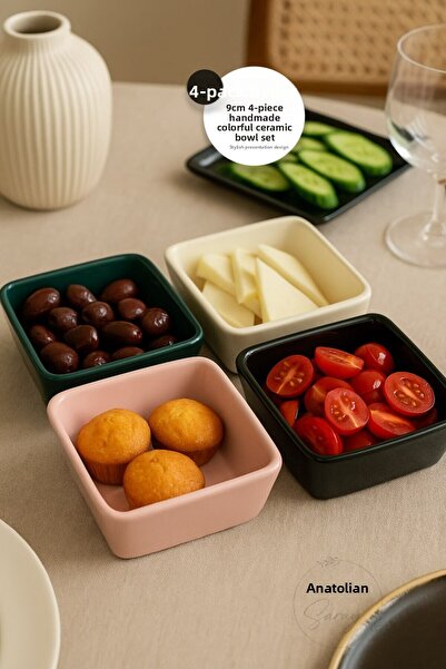 Anadolu Saray 9cm Set of 4 Handmade Colorful Ceramic Bowls – Stylish Handcrafted Set for Tableware Presentation and Serving