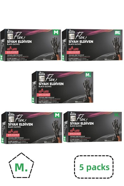 Reflex قفازات فليكس تي بي إي سوداء خالية من البودرة مقاس M، عبوة من 5 قطع
