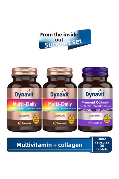 Dynavit Multidaily 30 Capsules X2 + Collagen Hyaluronic Acid Complex 30 Tablets - Inside Out Support Set