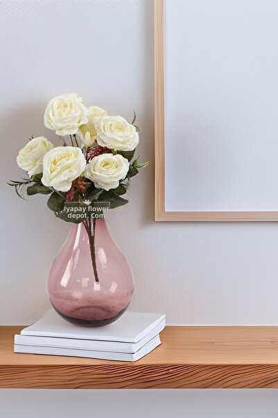 Yapay Çiçek Deposu Artificial 7-Piece Large Head Small Cluster Rose White