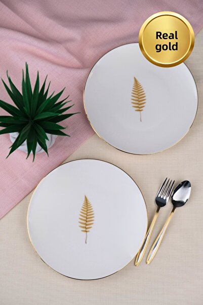 tabakevi Tabak Evi Porcelain Natura Fern Gold Gilded Cake Plate 20.50cm 2 Pcs