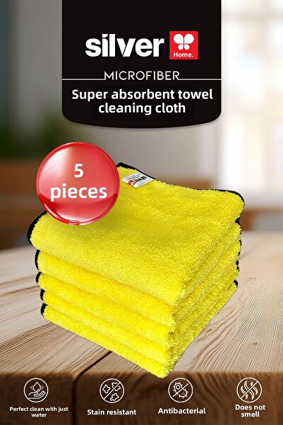 SİLVER HOME Microfiber Super Absorbent 5-Piece Towel Cleaning Cloth-Yellow