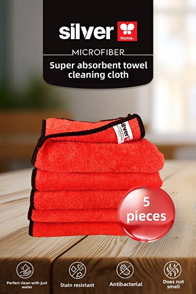 SİLVER HOME Microfiber Super Absorbent 5-Piece Towel Cleaning Cloth-Red