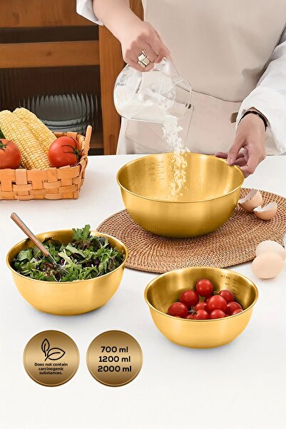 SARAVİTA 3-Piece Gold Stainless Steel Mixing and Salad Bowl Set with Measured...