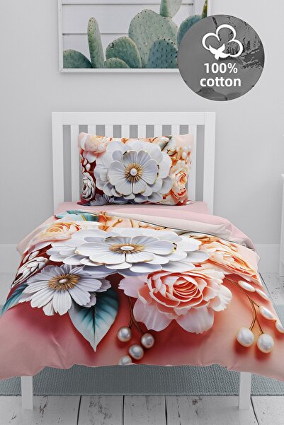 MonoHome 100% Cotton Ranforce Dowry Luxury 5D Digital Single Duvet Cover Set Pink