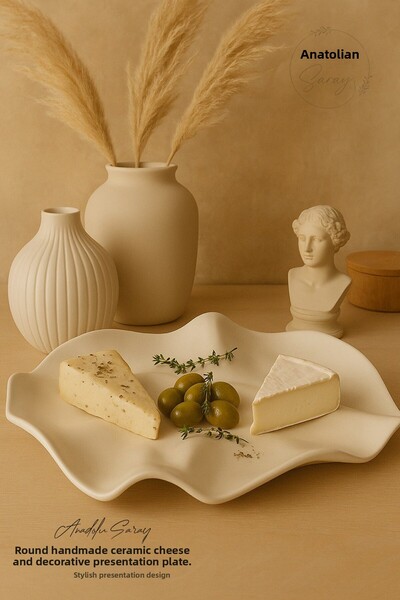 Anadolu Saray Round Handmade Ceramic Cheese and Decorative Serving Plate – Natural and Stylish Design