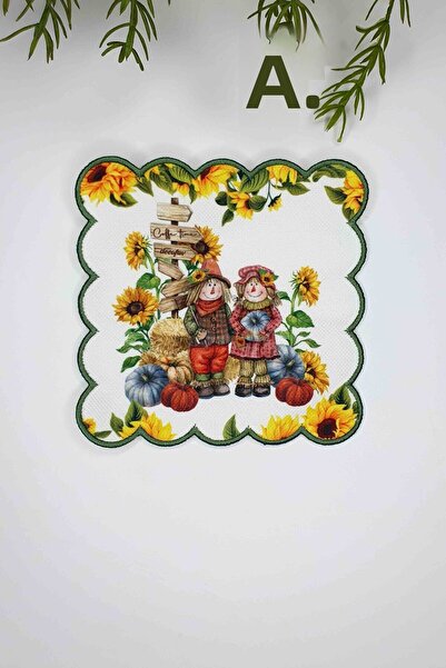 decofav Sunflower Farmer Patterned Digital Printed Cocktail Napkins with Green Embroidered Edge 1 Piece