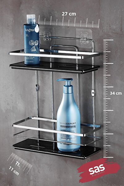 Sas Haus 2-Tier Adhesive Bathroom Shower Shelf – Adjustable Crystal Shelf (Stick-On/Screw-On) Chrome-Black