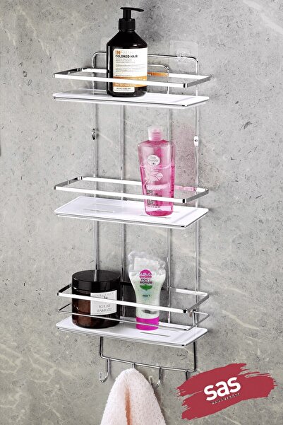 Sas Haus 3-Tier Adhesive Bathroom Shower Shelf with Hooks – Adjustable Crystal Shelf (Stick-On/Screw-On) Chrome-White